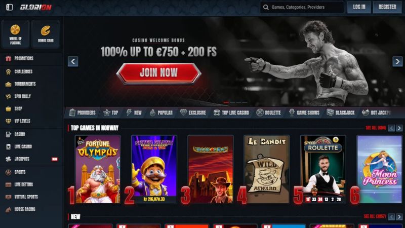 Glorion Casino rozhraní a hry